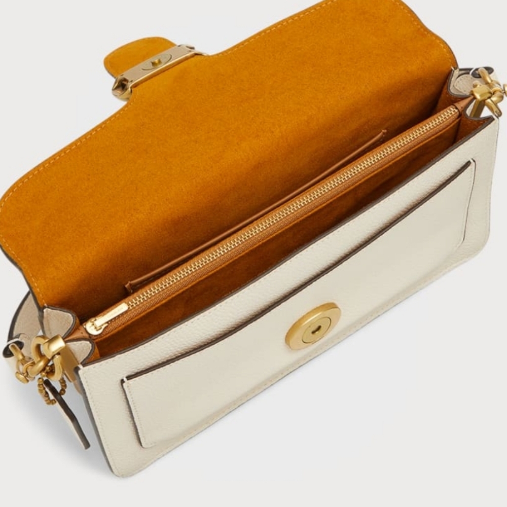 COACH Logo Closure Pebbled Leather Shoulder Bag in white/chalk/brass - Picture 5 of 17